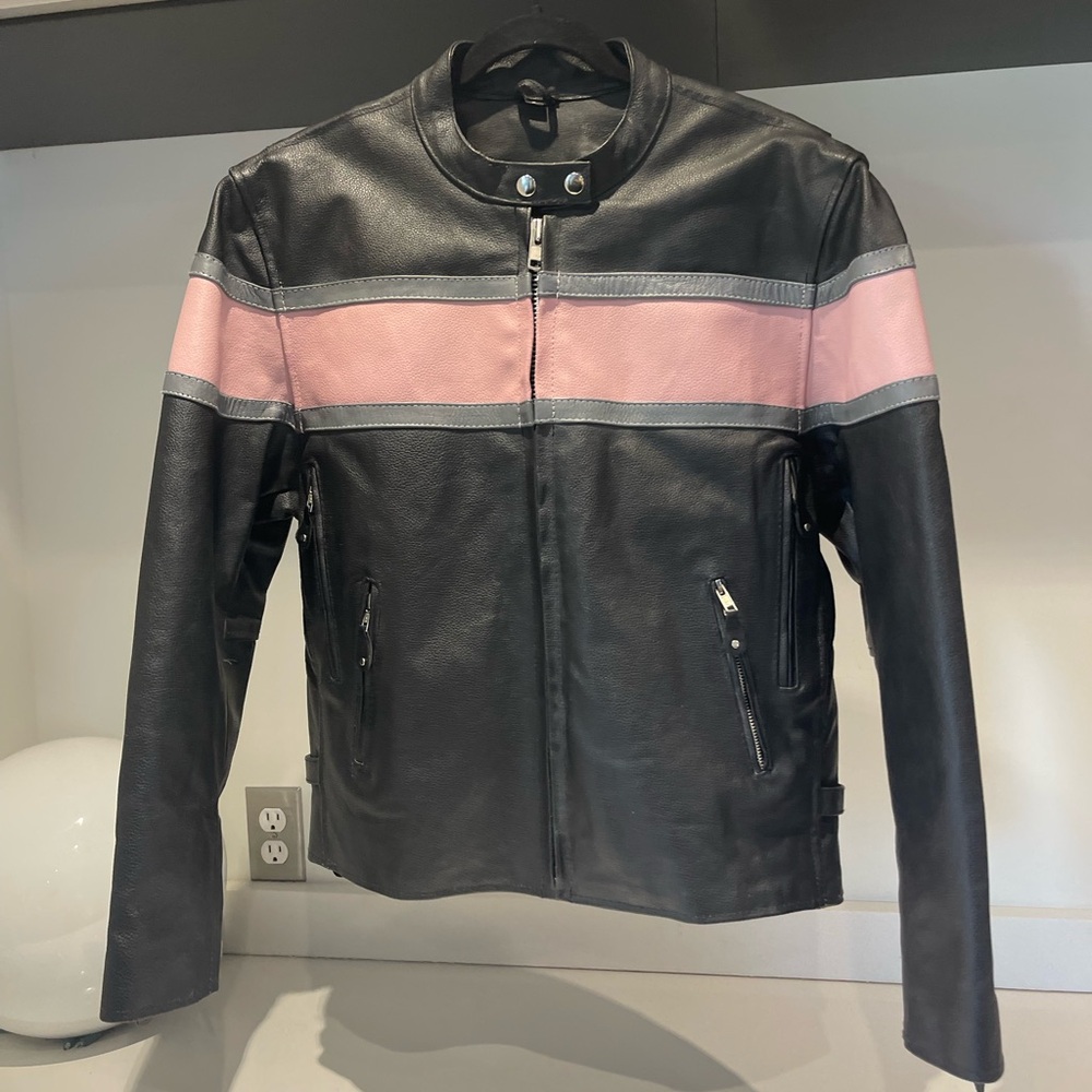 $250 WILD WEAR Genuine leather pink & black moto biker Sturgis jacket sz Large